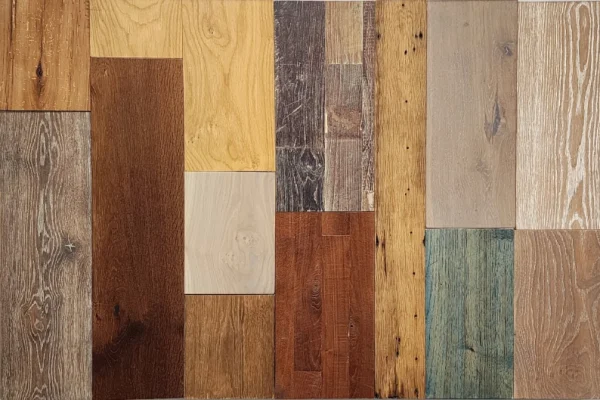 image of various prefinishing techniques on wood floor plangs