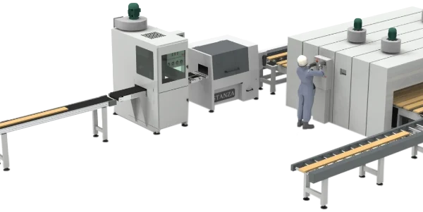 Stanza machine line for finishing wood mouldings